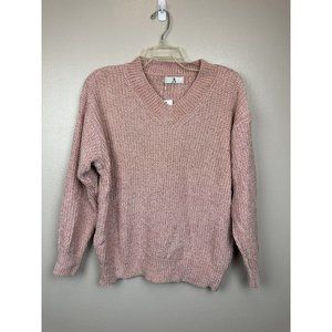 Sweaters for Women V Neck Long Sleeve Pullover Knit Top Pink Chunky Knit